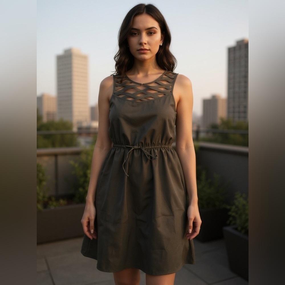 STUDIO Y SIZE SMALL  DRESS DARK GREEN PICK A BOO SLASHES SHORT FLIRTY